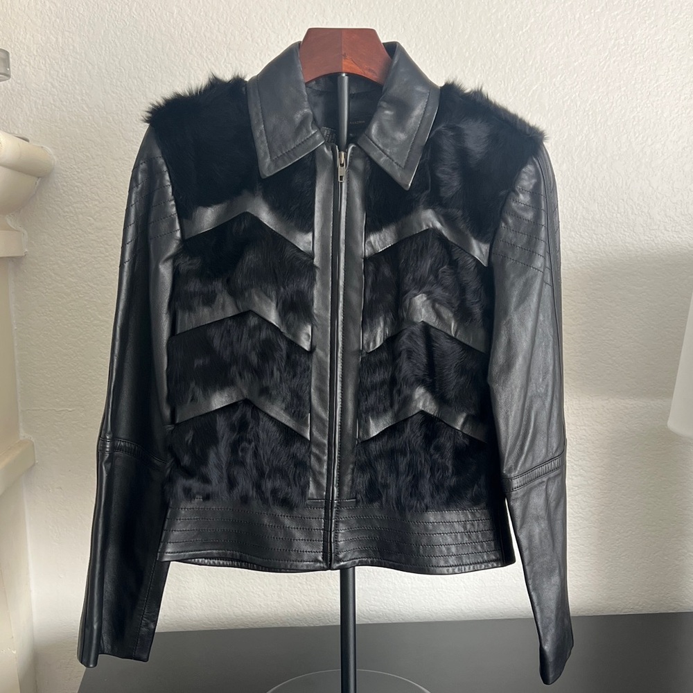 BCBG leather and goat fur chevron Jacket never worn